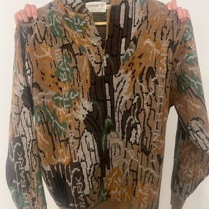 Clarkfield Vintage Abstract Patterned Pullover Sweater - Green, Brown, Cream